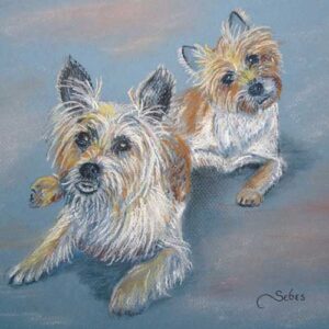 Pastel pet portrait of two small dogs