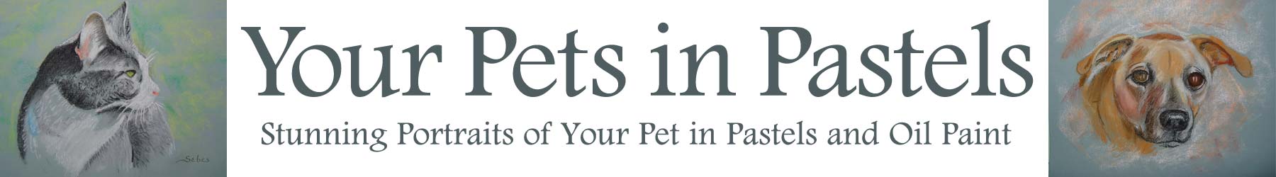 Your Pets in Pastels site header with a pastel portrait of a cat on the left and dog on the right.