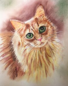 pastel portrait of a light brown long-haired cat with green eyes